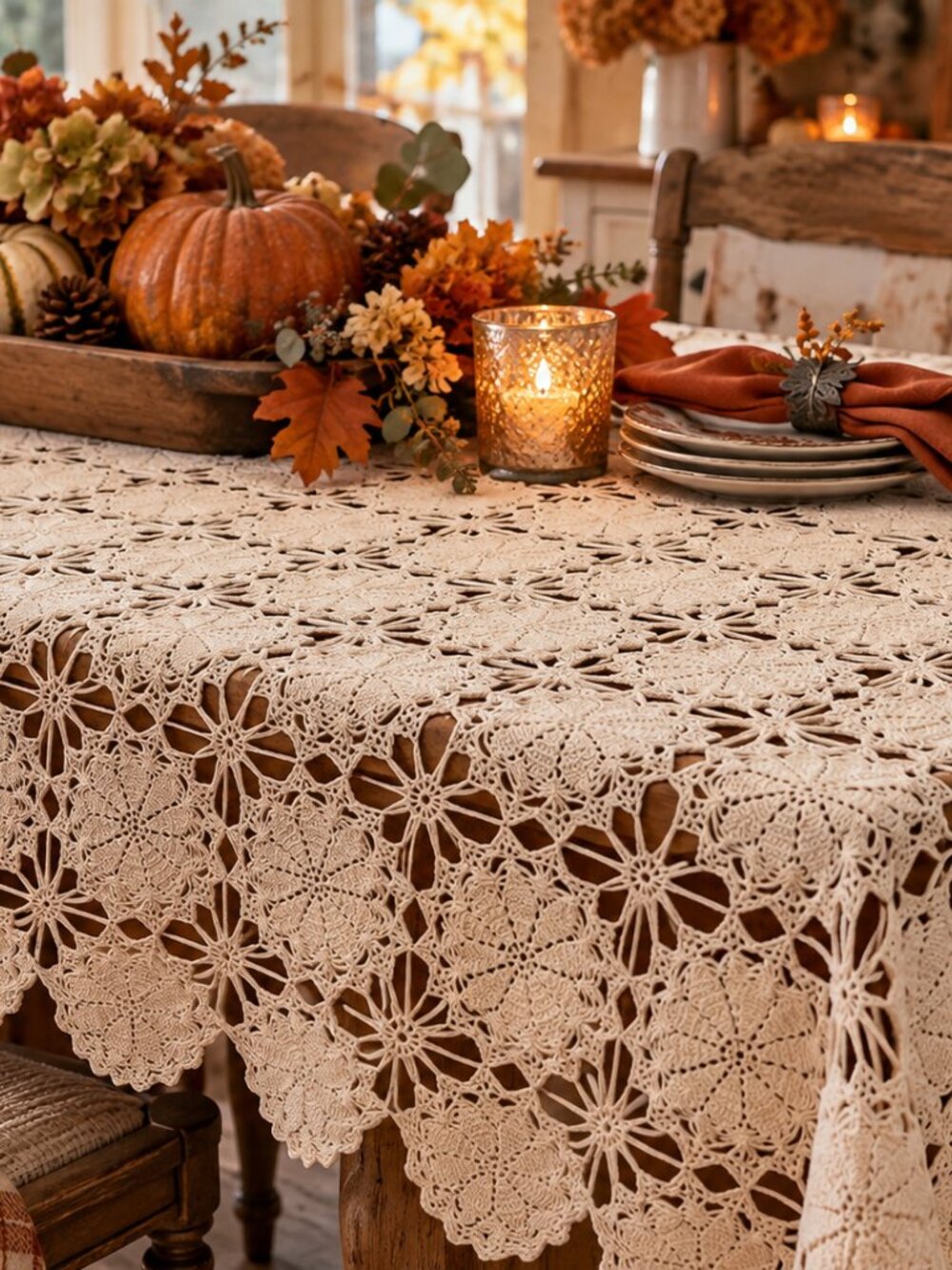 Vintage Hand Crocheted Cotton Tablecloth 55 x 45 Ecru Farmhouse Lace